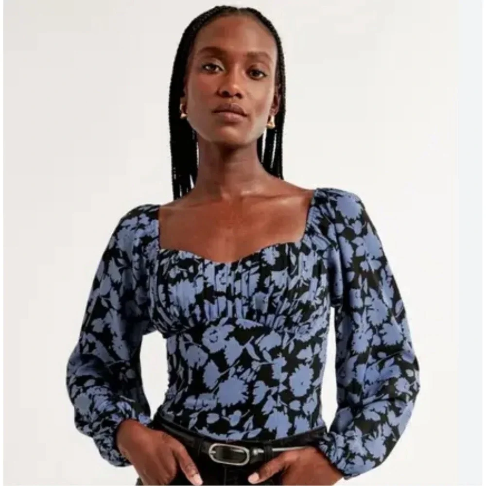 Abercrombie & Fitch Blue Black Floral Puff Sleeve Smocked Crop Top Medium New